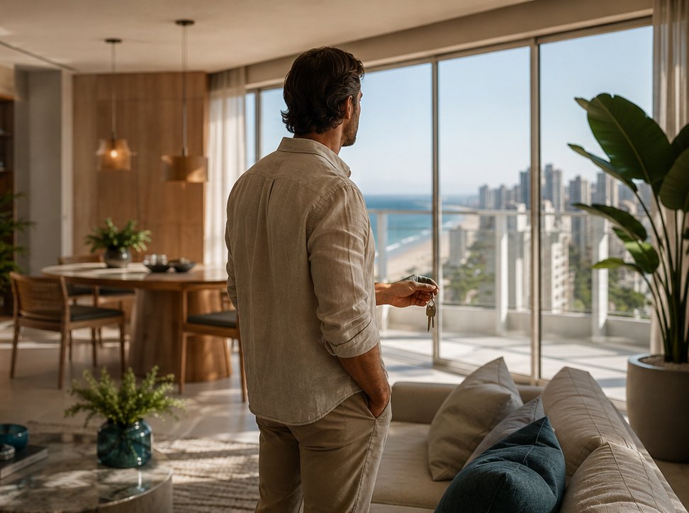 Homem segurando as chaves na sala de um apartamento com vista para o mar