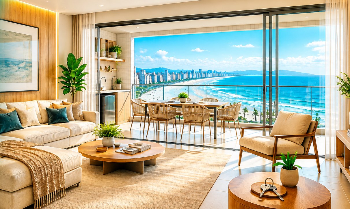 Sala de apartamento pronto com vista para a praia em Praia Grande